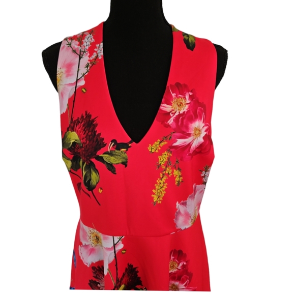 TED BAKER London Red Sleeveless Floral V- Neck Fit & Flare Dress Size 4 - Picture 5 of 10